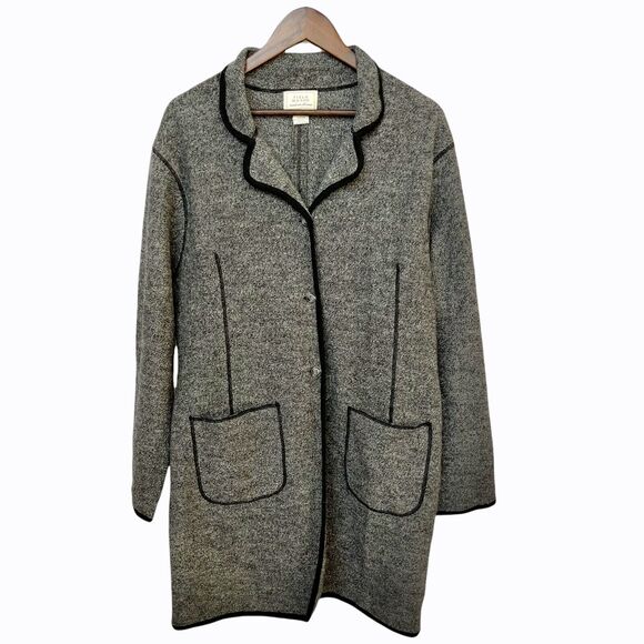 Field Manor Women Tunic Wool Jacket Size‎ L Gray Black Piping Modern Classics - Picture 1 of 12